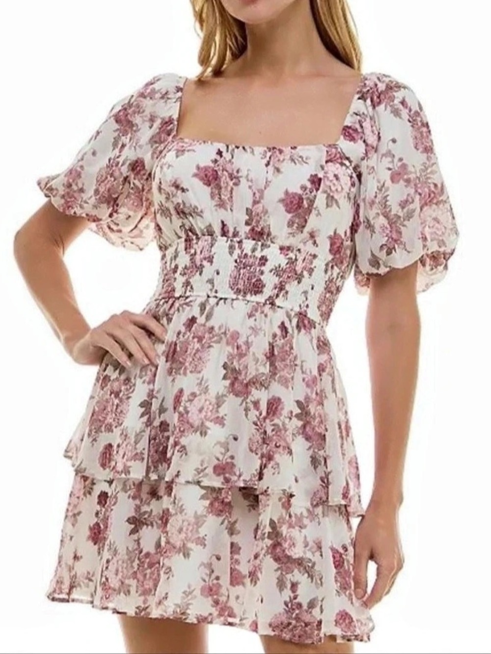 Trixxi White and Pink Floral Smocked Waist Tiered Mini Dress